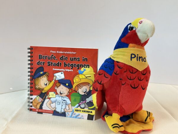 IMG_4008 Pinos zweisprachiges Kinderratebuch "Berufe die uns in der Stadt begegnen" + Pino der Papagei Plüschtier Bundle